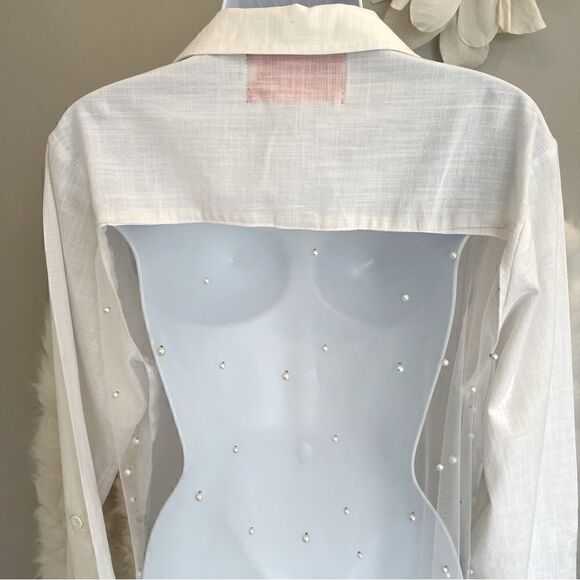White Button Down Sheer Back Long Sleeve Top (L) - Picture 8 of 10